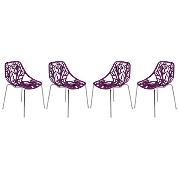 Leisuremod Asbury Modern Stackable Dining Chair With Chromed Metal Legs Set of 4 in Purple