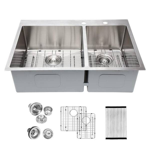 LORDEAR 33 in. Drop in Double Bowl 60/40 16Gauge Stainless Steel