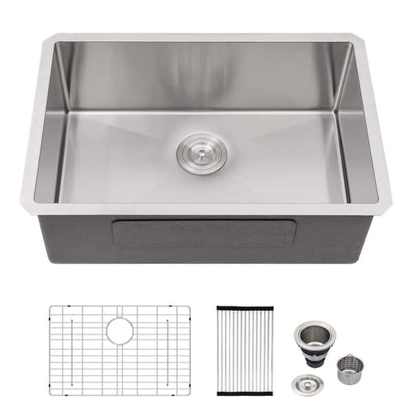 28 in. Undermount Sink Single Bowl 16-Gauge Brushed Stainless Steel Kitchen Sink with Bottom Grid and Drain Assembly