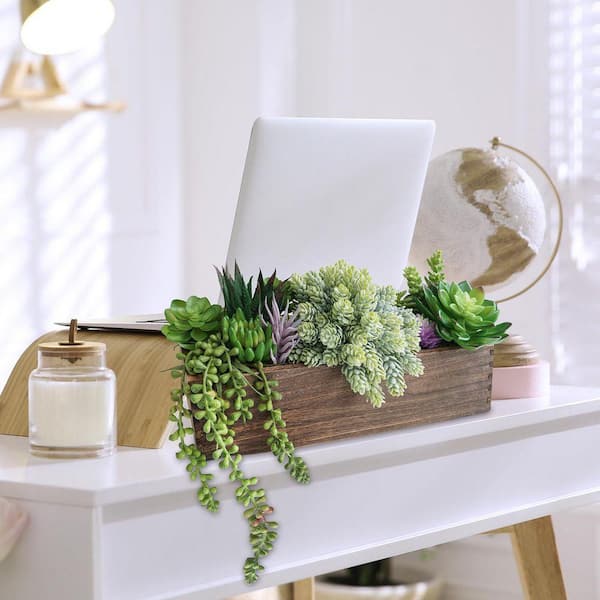 4 in. H Assorted Green & Purple Indoor Artificial Succulent Arrangement in  Rectangular Wooden Planter Box for Home Decor SA1059B234 - The Home Depot