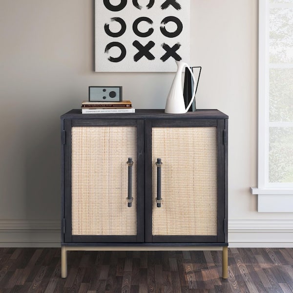 Sango Sophia 2-Door Antique Black Cabinet with Natural Rattan Doors Panels