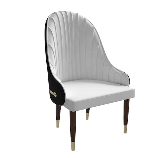 Leisuremod Dining Chair Upholstered in Leather Seat with Elegant Ripple Back Design and Gold Accents Elara Series, Black/White