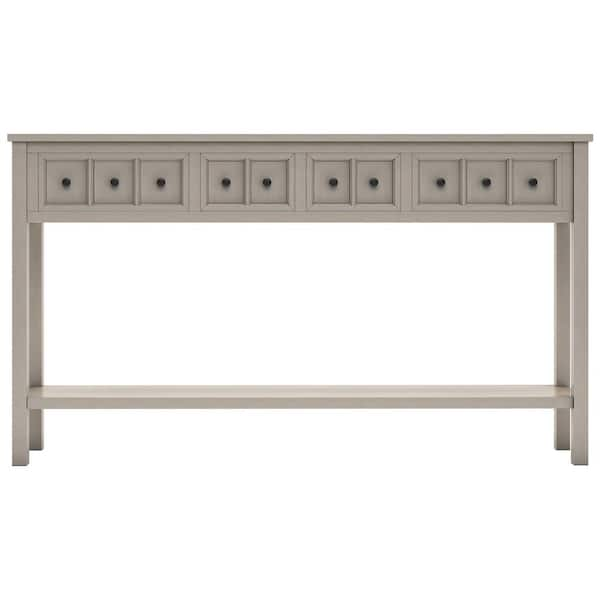 Z-joyee 60 in. Gray Wash Standard Rectangle Wood Console Table with 4-Storage Drawers and Bottom Shelf