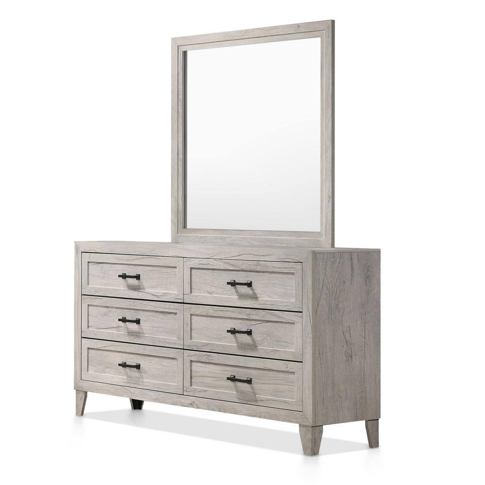 Jasper Washed White 6-Drawer 58 in. Dresser with Mirror