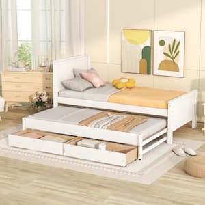 White Wood Frame Twin Size Platform Bed with Trundle and Drawers