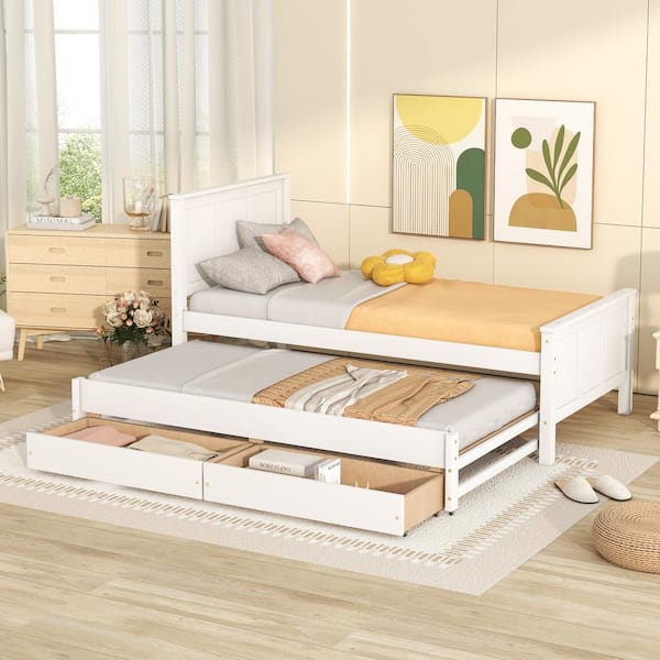 Polibi White Wood Frame Twin Size Platform Bed with Trundle and Drawers