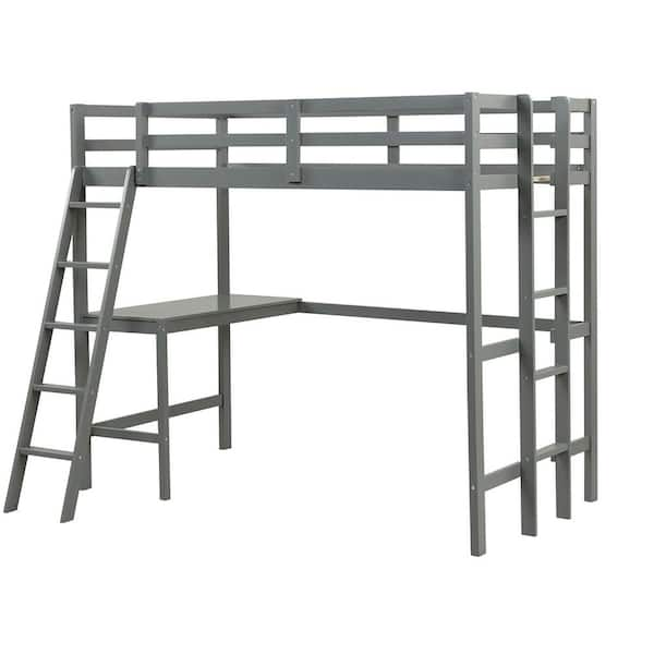 Costway Grey Twin Loft Bed Frame With Desk Angled And Built In Ladder Solid Wooden Frame Hygr The Home Depot