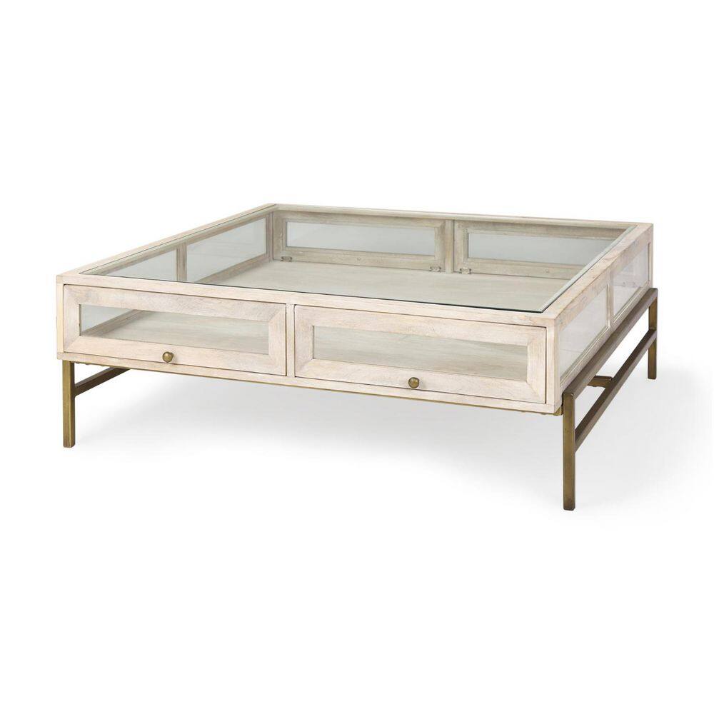43.50 in. Gold, Off White Rectangle Glass Coffee Table