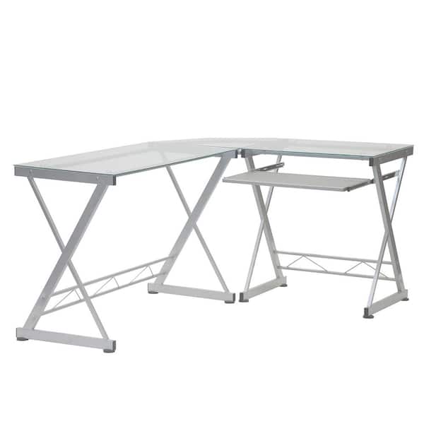 Wateday 45.25 in. L-Shaped White Glass Computer Desk with Keyboard Tray