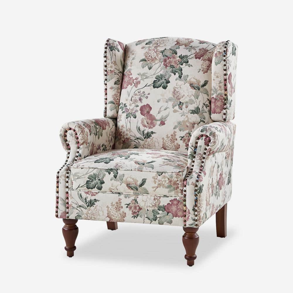 Gille Traditional Upholstered Wingback Accent Chair with Spindle Legs FLORAL