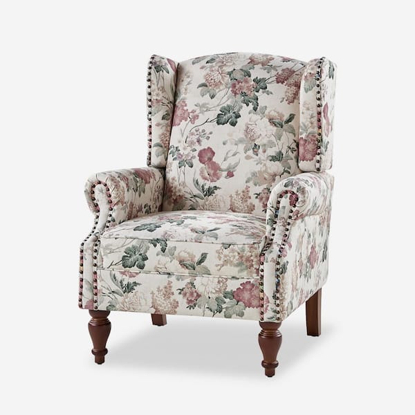 JAYDEN CREATION Gille Traditional Upholstered Wingback Accent Chair with Spindle Legs-FLORAL