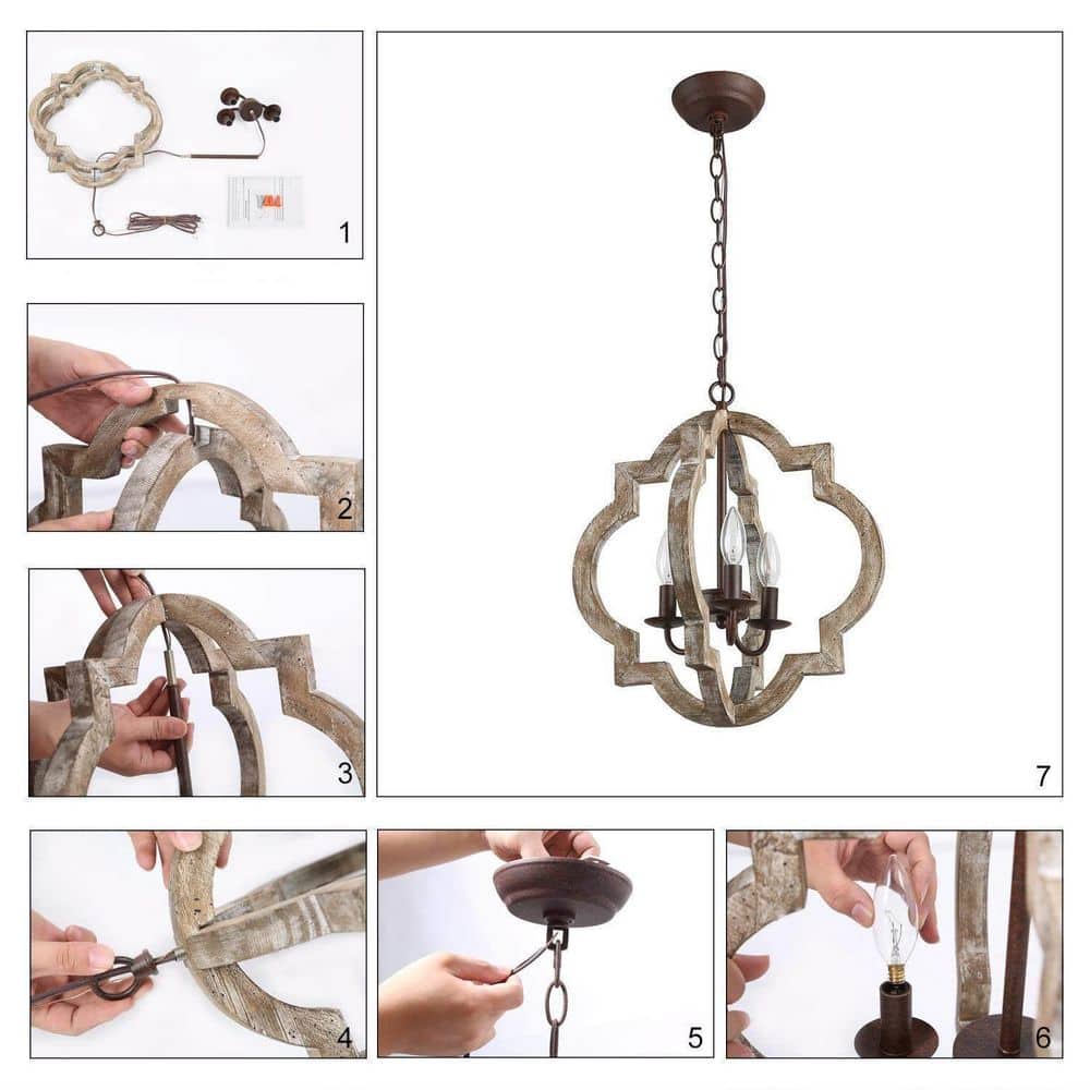 Distressed Bronze & Wood 16" Geometric Cage Chandelier with Chain
