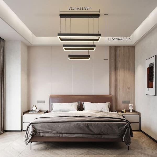 3-Light Dimmable Integrated LED Black Modern 3 Rings Rectangle Chandelier for Living Room Bedroom