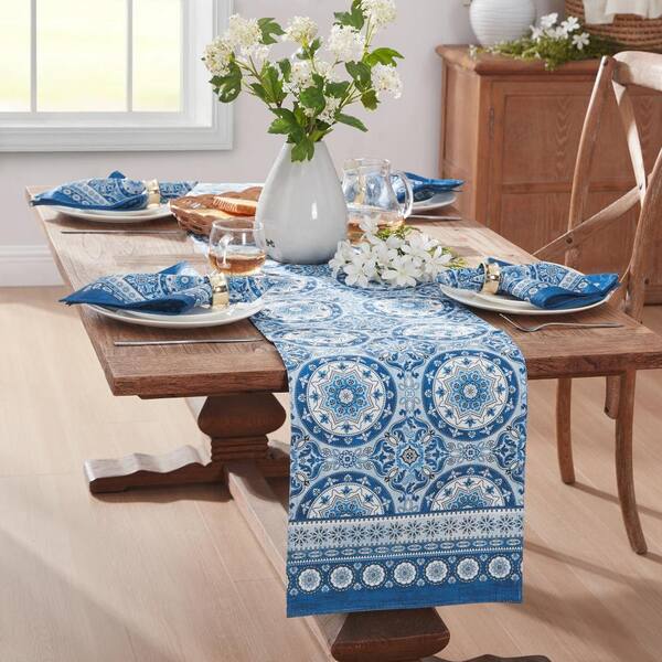 Threadmade Home Vietri Medallion Block Print Water Resistant Indoor/Outdoor Table Runner, Multicolor - 13"W x 70"L