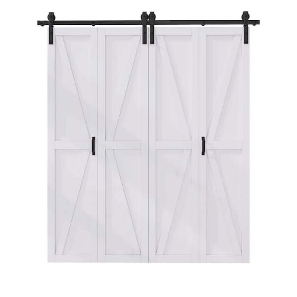 64 in. x 84 in. Assembled Bi-Fold K Shape White Primed DIY Available Solid Core MDF Sliding Barn Door with Hardware Kit
