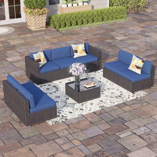PHI VILLA Black 7 Seat 8-Piece Rattan Wicker Steel Patio Outdoor Sectional Set and Coffee Table with Blue Cushions