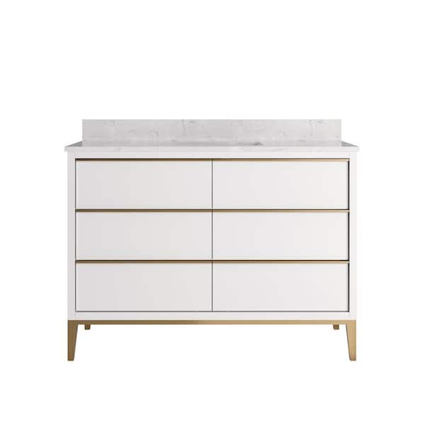 48 in. Freestanding White Bath Vanity with Carrera White Engineered Marble Top Assembled