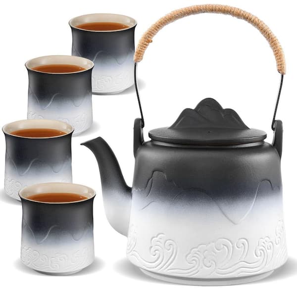 4-Cup White Ceramic Tea Set, 33.8 oz. Embossed Ceramic Loose Leaf Teapot with Built-in Strainers for Tea Steeper