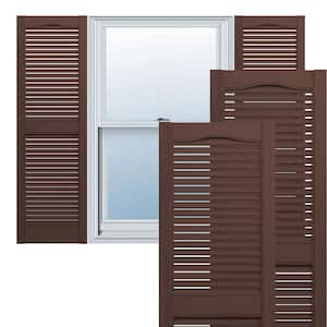 12 in. W x 38 in. H TailorMade Cathedral Top Center Mullion, Open Louver Shutters Pair in Federal Brown