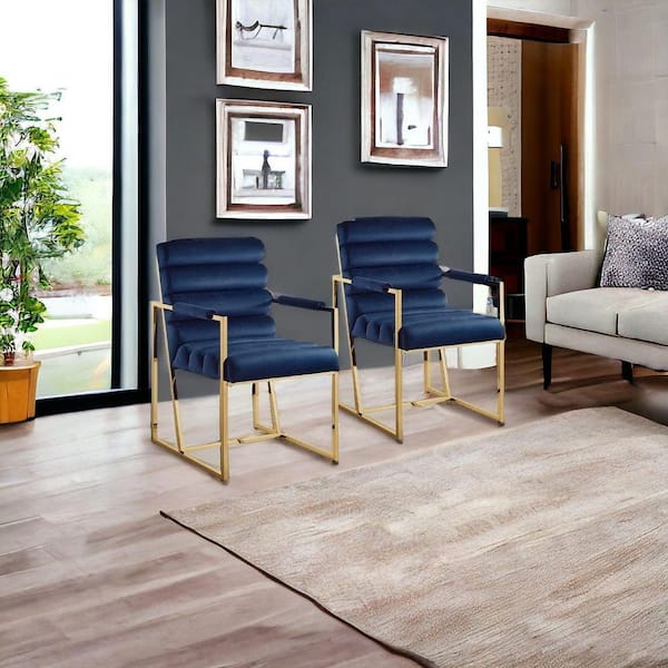 HomeRoots Tufted Navy Blue And Gold Upholstered Velvet Arm Chair (Set of 2)