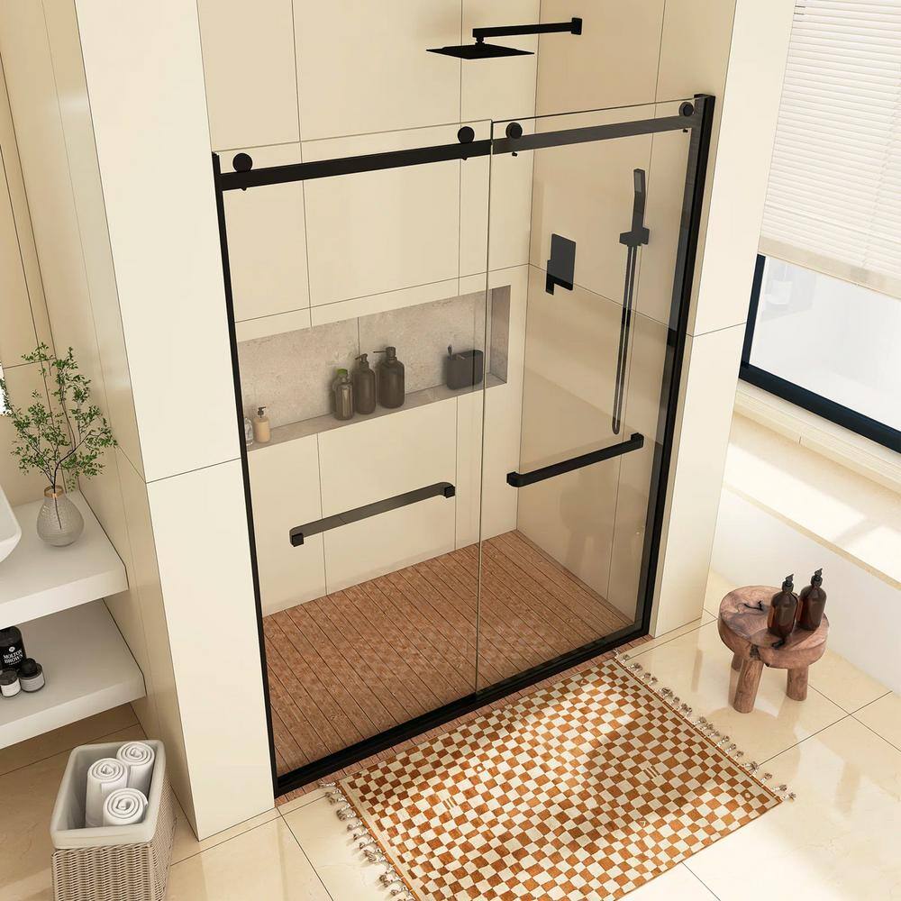 60-Inch Matte Black Frameless Sliding Shower Door with Clear Glass