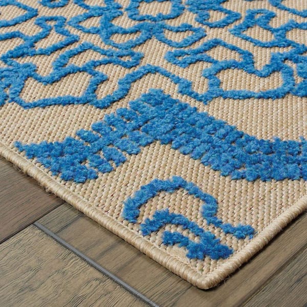 Blue, Beige 2 ft. x 8 ft. Loomed Oriental Polypropylene Rectangle Indoor/Outdoor Area Rug