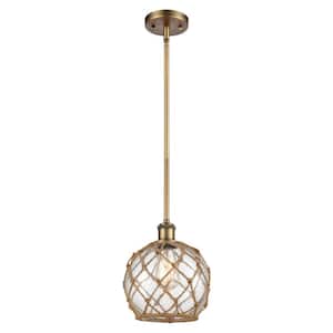 Farmhouse Rope 1-Light Brushed Brass Globe Pendant Light with Clear Glass with Brown Rope Glass and Rope Shade