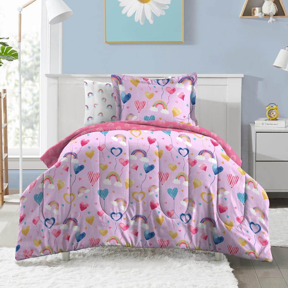 Pink Hearts and Rainbows Twin Microfiber Bed in a Bag Set