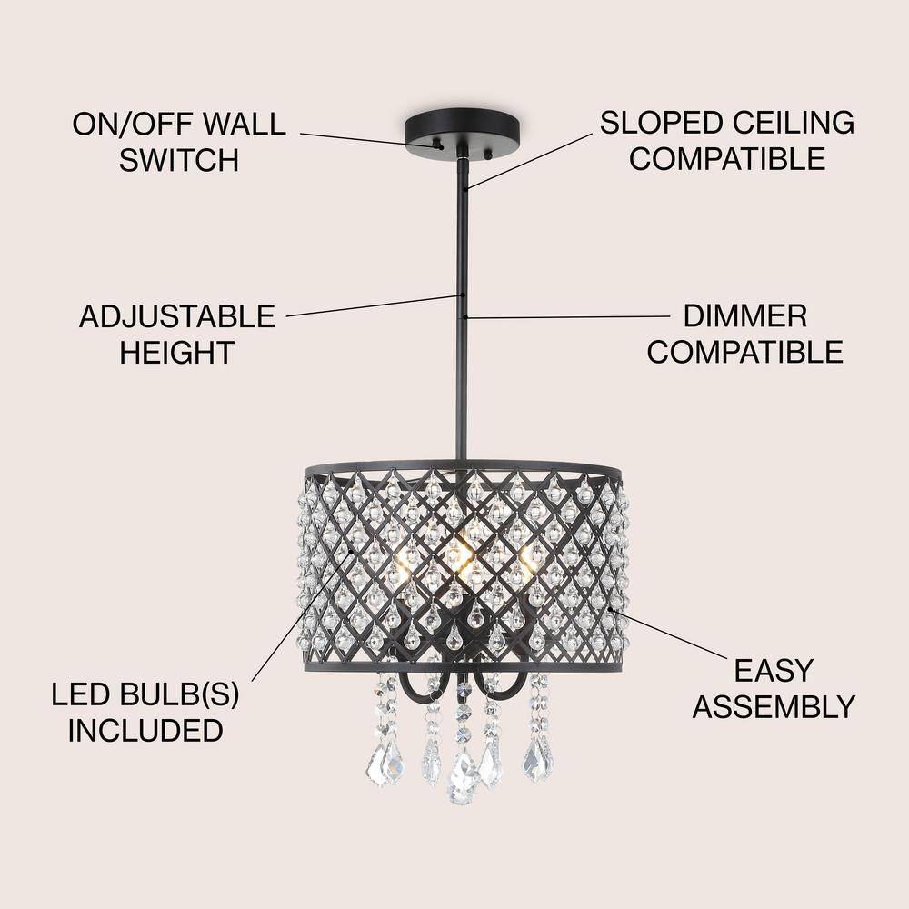 Gigi 13" Glamorous Black Iron & Crystal LED Drop Chandelier