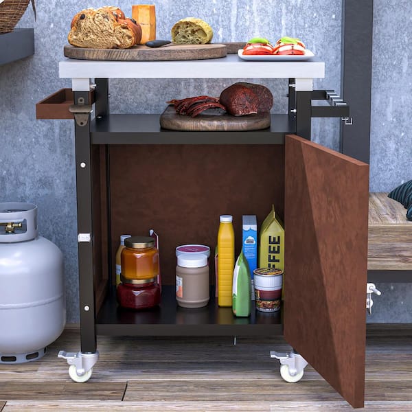 Unbranded Outdoor Grill Serving Cart with Stainless Steel Tabletop, Storage, Kitchen Island with Wheels, Hooks, and Spice Rack