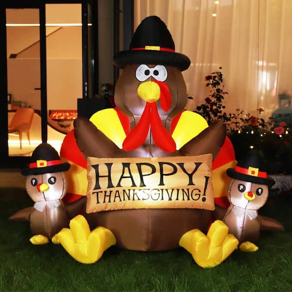 8Ft Inflatable Turkey Thanksgiving Inflatable Decorations Blow Up Turkey Built-in LED Lights,Tie-Down Points and Built-in Fan for Outdoor Yard Garden,Lawn,Party Turkey on Pumpkin 