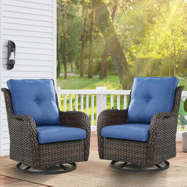 Carolina 2-Person High Back Brown Wicker Outdoor Rocking Chair Set Patio Swivel Chair Set with Blue Cushions