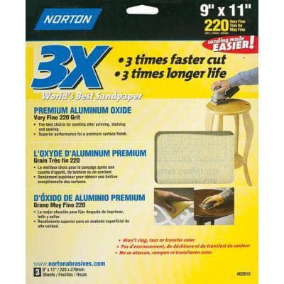 Norton 9 in. x 11 in. 220-Grit 3X Sanding Sheets (3-Pack)