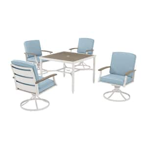 Marina Point 5-Piece White Steel Outdoor Patio Dining Set with CushionGuard Blue Cushions and Painted Steel Tabletop