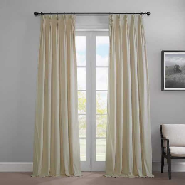 Exclusive Fabrics & Furnishings Au Lait Creme Pleated Curtains Heritage Plush Velvet 25 in. W x 108 in. L Velvet Room Darkening Curtain (Single Panel)