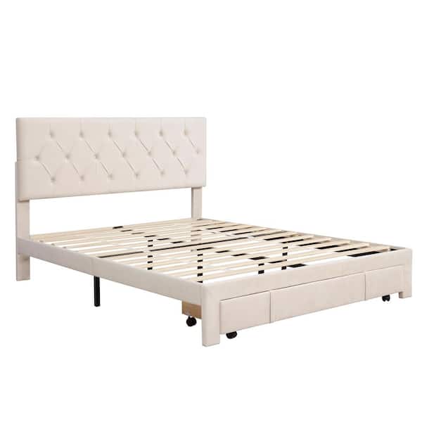 Polibi 60.20 in. W Beige Frame Queen Size Storage Bed Velvet Upholstered Platform Bed with a Big Drawer