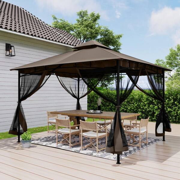 EGEIROSLIFE 12 ft. x 12 ft. Brown Double Roof Soft Top Metal