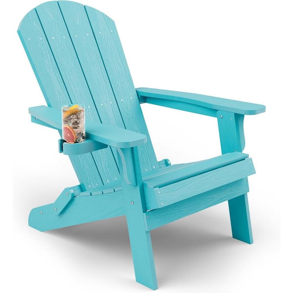 YEFU Blue Plastic Outdoor Folding Adirondack Chair with Cup Holder