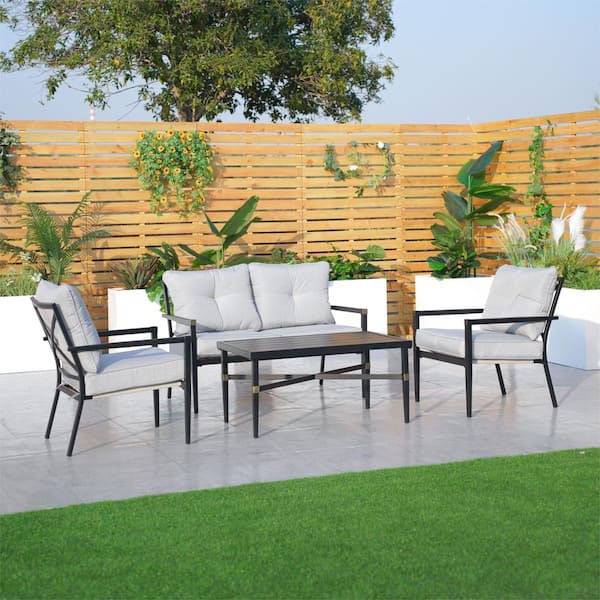 Salisa Black 4-Piece Metal Patio Conversation Set with Gray Cushions