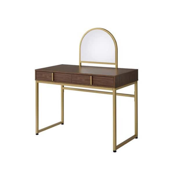 Benjara 1-Piece Brown and Gold Makeup Vanity Desk with Mirror and Open Metal Frame