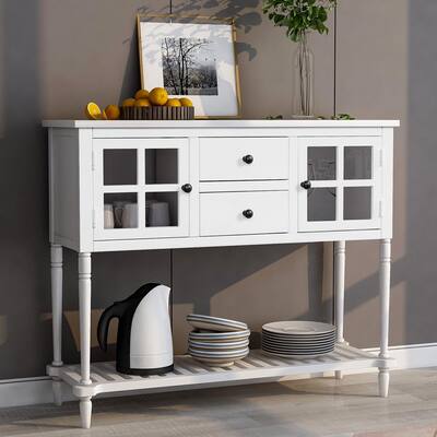 42 in. White Standard Rectangle Wood Console Table with Bottom Shelf with Drawers