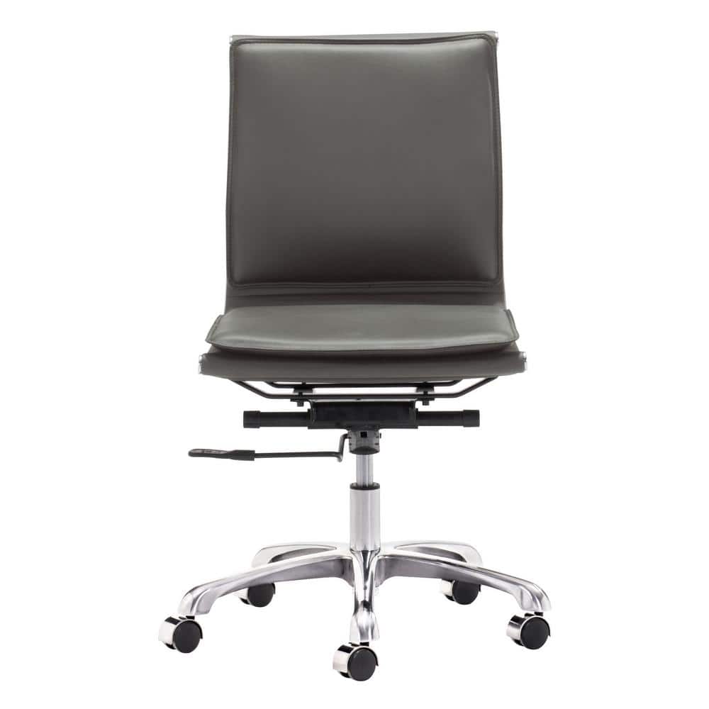 Gray Leather Armless Swivel Desk Chair with Metal Frame