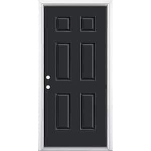 36 in. x 80 in. 6-Panel Jet Black Right-Hand Inswing Painted Smooth Fiberglass Prehung Front Door with Brickmold