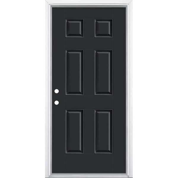 Masonite 36 in. x 80 in. 6-Panel Jet Black Right-Hand Inswing Painted Smooth Fiberglass Prehung Front Door with Brickmold