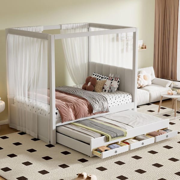 Blake Modern Beige Upholstery Wood Frame Twin Size Canopy Bed with Trundle and Storage Drawers