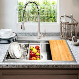 Handmade All-in-One Topmount Stainless Steel 33 in. x 22 in. Single Bowl Kitchen Sink w/ Spring Neck Faucet, Accessory