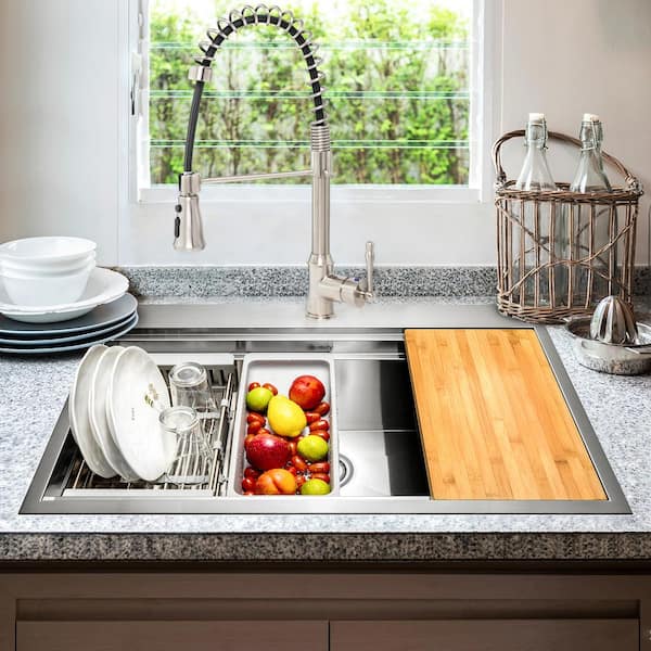 Handmade All-in-One Topmount Stainless Steel 33 in. x 22 in. Single Bowl Kitchen Sink w/ Spring Neck Faucet, Accessory