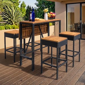 5-Piece Acacia and Wicker Outdoor Serving Bar Set Foldable and Space Saving Patio Bar