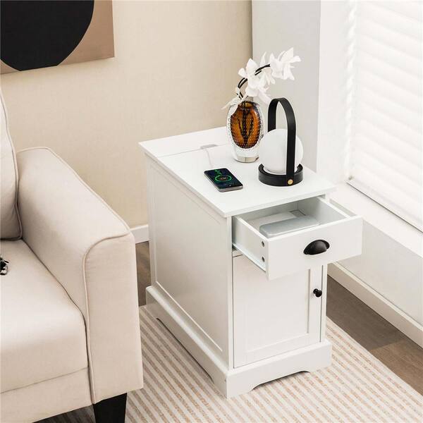 Costway 1-Piece Side End Table Nightstand with Charging Station Storage for Living Room Bedroom in White