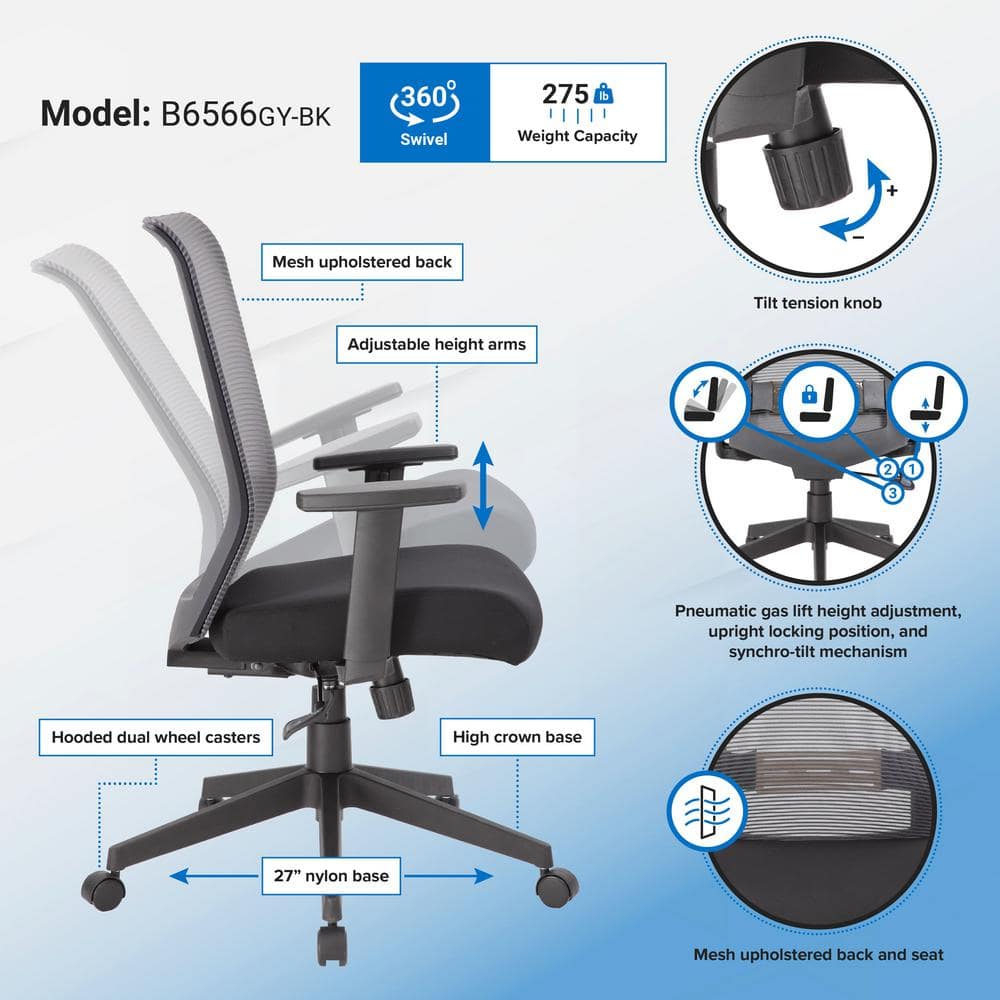 ErgoFlex Adjustable Mesh Task Chair with Synchro-Tilt in Grey/Black